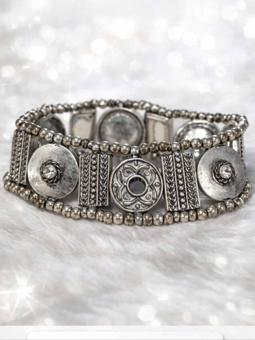 Boho Vintage Silver Metal Beaded Bracelet  Festival Jewelry Statement Cuff